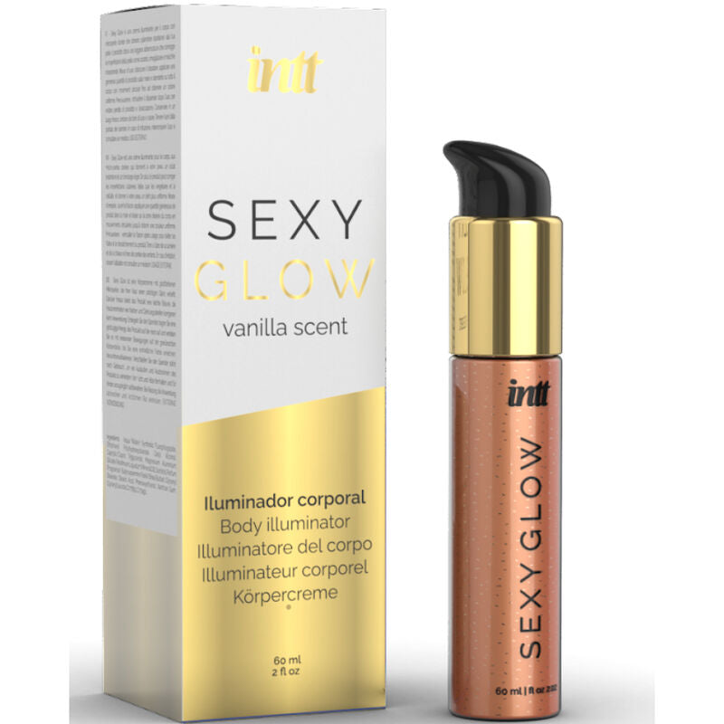 "Sexy Glow de INTT: Iluminador Corporal con Microperlas Doradas para una Piel Suave, Tersa y Aroma a Vainilla"