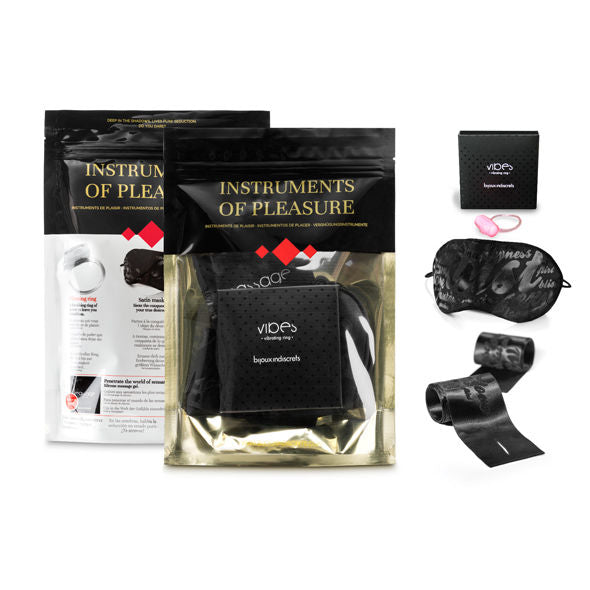 Kit de Sensualidad Extrema: Anillo Vibrador, Esposas y Antifaz Satinado para Nuevas Experiencias.
