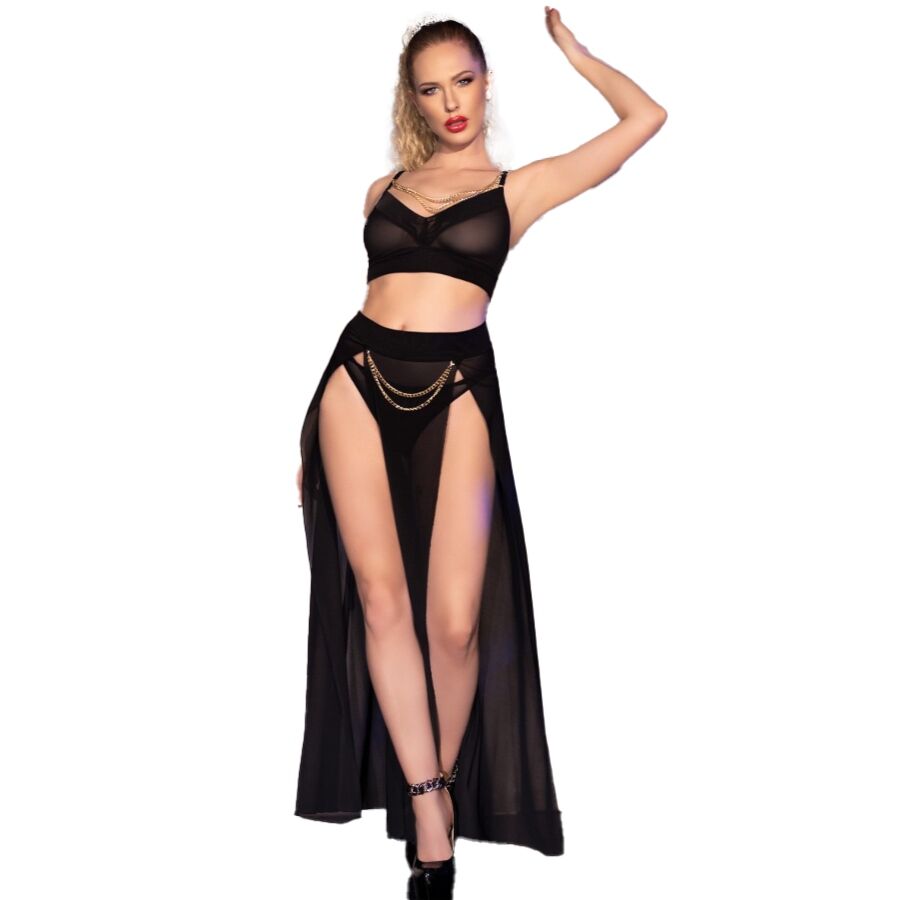 CHILIROSE - CR 4672 TOP NEGRO FALDA Y TANGA CON CADENAS DORADAS S - Lover Dreams