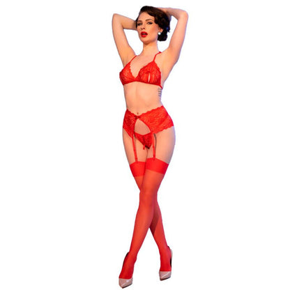 CHILIROSE - CR 4848 SET SUJETADOR + TANGA + MEDIAS DE ENCAJE ROJO S - Lover Dreams