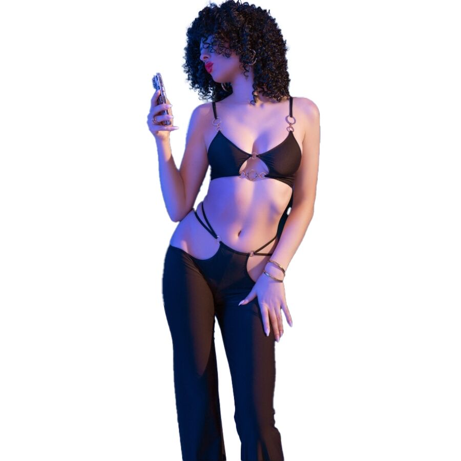 CHILIROSE - CR 4851 SET TOP NEGRO Y LEGGINS CON COMPLEMENTOS DORADOS S - Lover Dreams