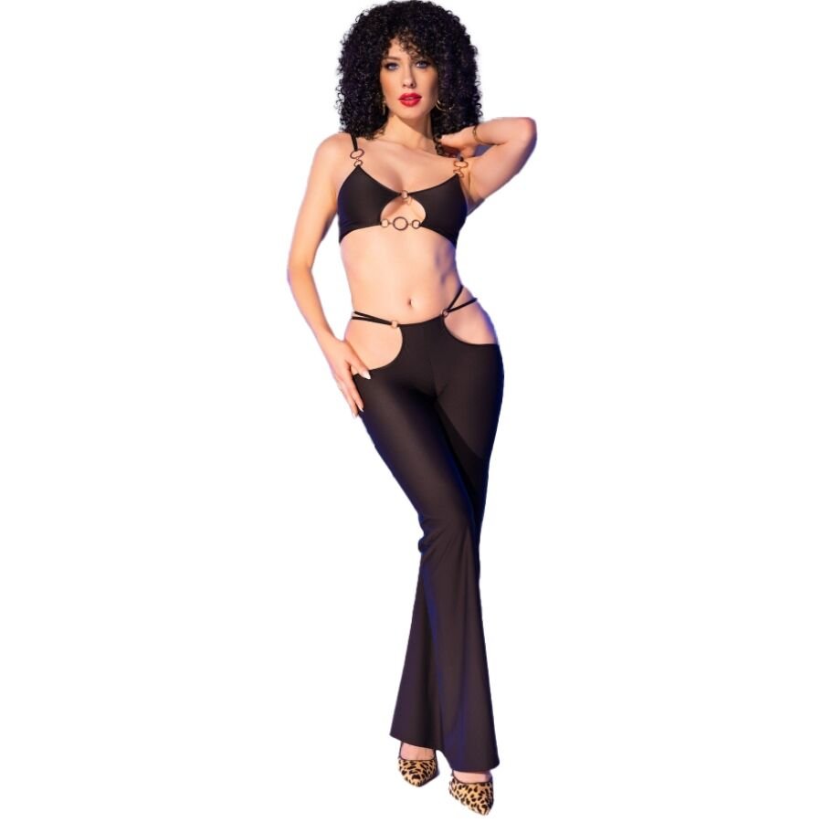 CHILIROSE - CR 4851 SET TOP NEGRO Y LEGGINS CON COMPLEMENTOS DORADOS S - Lover Dreams