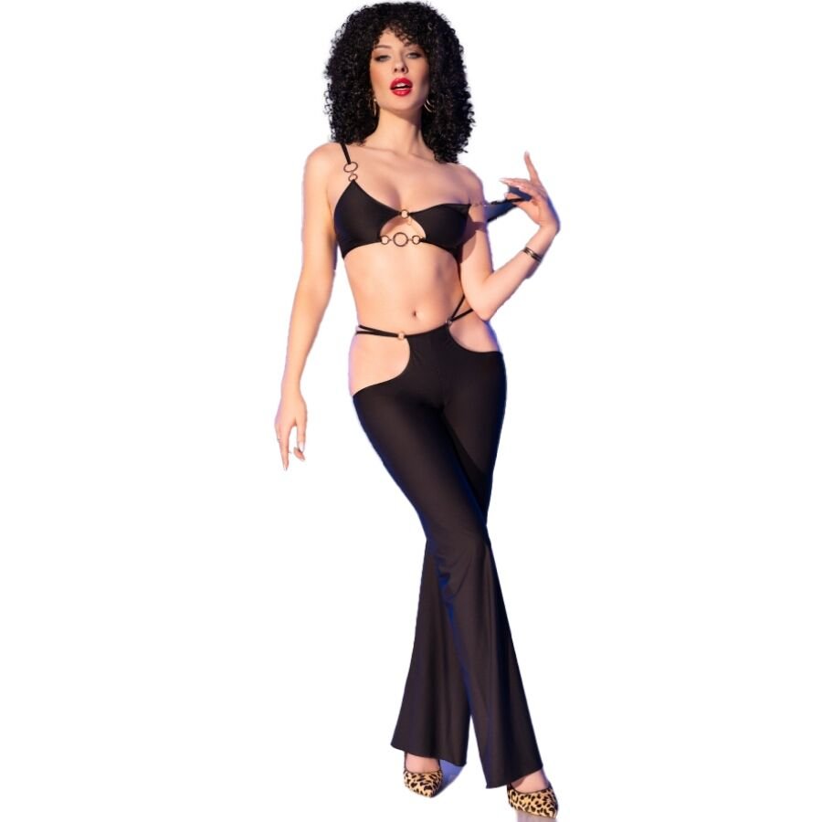 CHILIROSE - CR 4851 SET TOP NEGRO Y LEGGINS CON COMPLEMENTOS DORADOS S - Lover Dreams