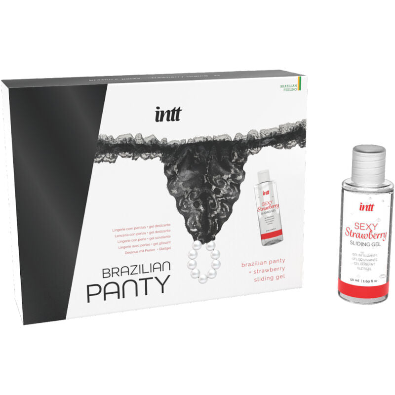 "Pack Exquisito de Lencería con Perlas y Lubricante de Fresa - Brazilian Panty Black de INTT"