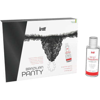 "Pack Exquisito de Lencería con Perlas y Lubricante de Fresa - Brazilian Panty Black de INTT"