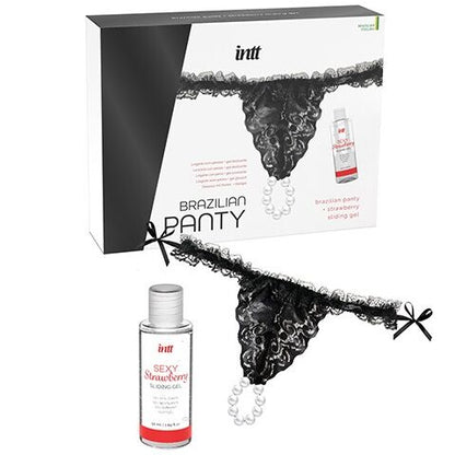 "Pack Exquisito de Lencería con Perlas y Lubricante de Fresa - Brazilian Panty Black de INTT"