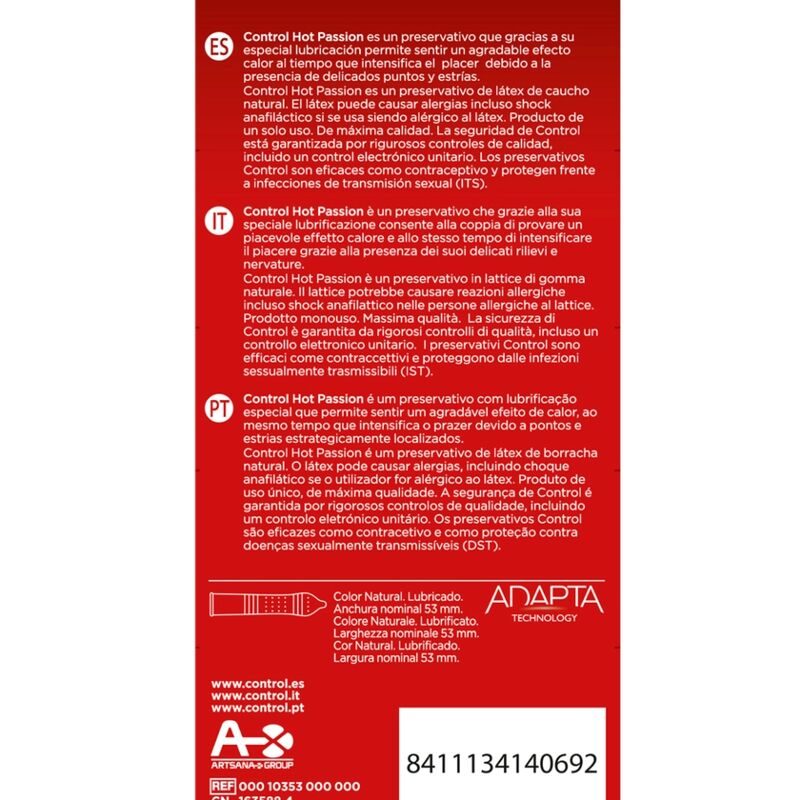 Preservativos Control Hot Passion 10 uds - Efecto Calor, Puntos y Estrías, Extra Lubricados, 53 mm Anchura Nominal