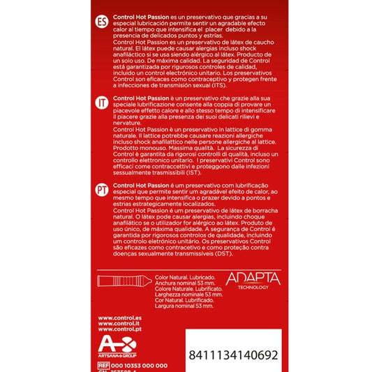 Preservativos Control Hot Passion 10 uds - Efecto Calor, Puntos y Estrías, Extra Lubricados, 53 mm Anchura Nominal