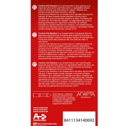 Preservativos Control Hot Passion 10 uds - Efecto Calor, Puntos y Estrías, Extra Lubricados, 53 mm Anchura Nominal