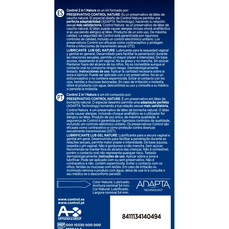 Kit de Preservativo CONTROL NATURE con Gel Lubricante - Látex Natural, Probados y Seguros