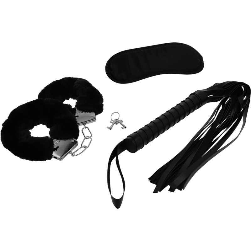 Set Erótico Fetish con Esposas, Antifaz y Látigo de Cuero Vegano - INTENSE