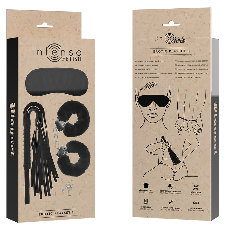 Set Erótico Fetish con Esposas, Antifaz y Látigo de Cuero Vegano - INTENSE