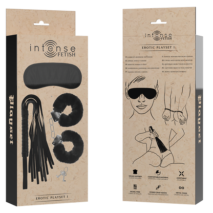 Set Erótico Fetish con Esposas, Antifaz y Látigo de Cuero Vegano - INTENSE