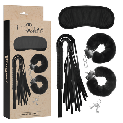 Set Erótico Fetish con Esposas, Antifaz y Látigo de Cuero Vegano - INTENSE