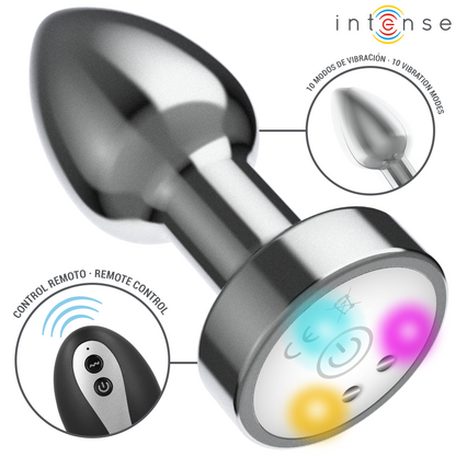 INTENSE - PLUG ANAL TALLA S DE METAL VIBRADOR CON LUCES LED MULTICOLOR Y CONTROL REMOTO
