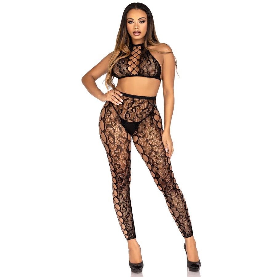 LEG AVENUE - 89372 CROP TOP Y MEDIAS SIN ENTREPIERNA NEGRO - TALLA ÚNICA