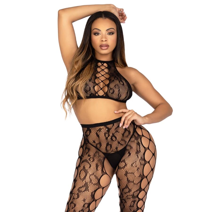 LEG AVENUE - 89372 CROP TOP Y MEDIAS SIN ENTREPIERNA NEGRO - TALLA ÚNICA