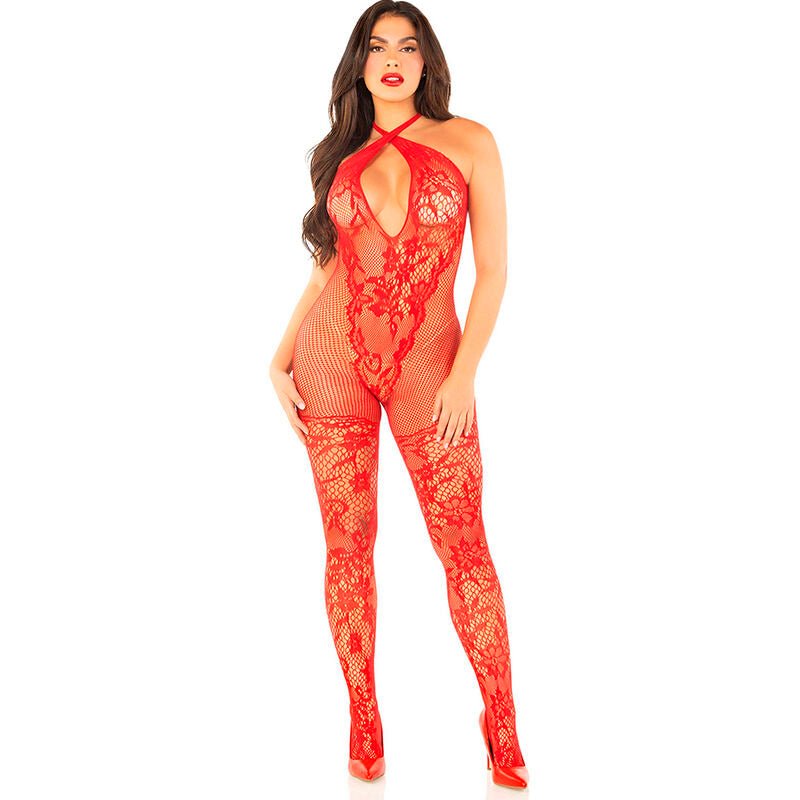 LEG AVENUE - BODYSTOCKING DE REJILLA CON ESTAMPADO DE FLORES ROJO TALLA ÚNICA - Lover Dreams