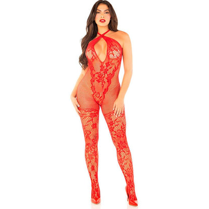 LEG AVENUE - BODYSTOCKING DE REJILLA CON ESTAMPADO DE FLORES ROJO TALLA ÚNICA - Lover Dreams