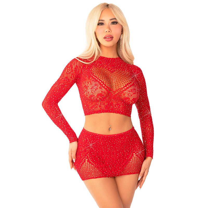 LEG AVENUE - TOP + FALDA DE REJILLA CON BRILLANTES ROJO - Lover Dreams