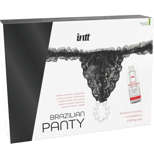 "Pack Exquisito de Lencería con Perlas y Lubricante de Fresa - Brazilian Panty Black de INTT" - Lover Dreams