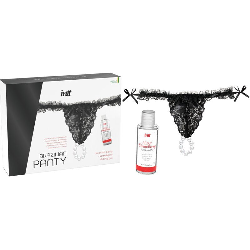 "Pack Exquisito de Lencería con Perlas y Lubricante de Fresa - Brazilian Panty Black de INTT" - Lover Dreams