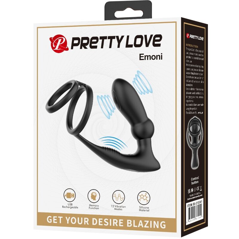 PRETTY LOVE - EMONI ANILLO PENE + PLUG ANAL 12 VIBRACIONES NEGRO - Lover Dreams