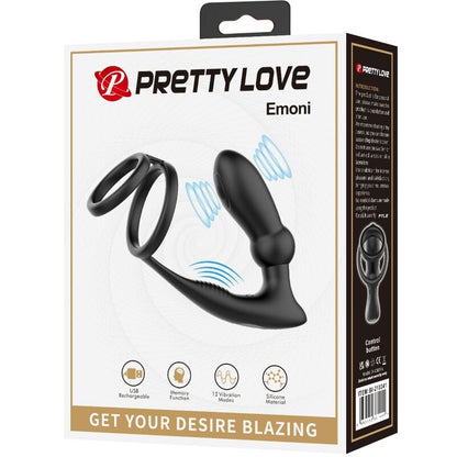 PRETTY LOVE - EMONI ANILLO PENE + PLUG ANAL 12 VIBRACIONES NEGRO - Lover Dreams
