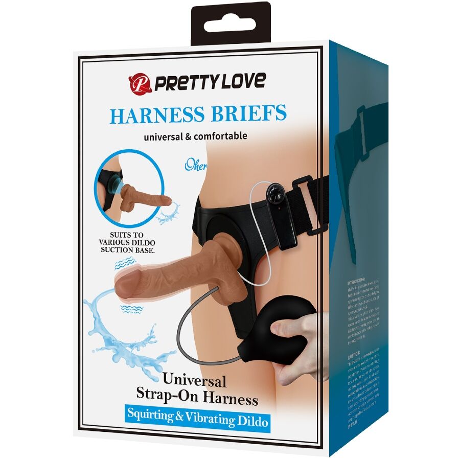 PRETTY LOVE - HARNESS BRIEFS UNIVERSAL CON DILDO VIBRACIÓN Y SQUIRTING 15.5 CM MULATO - Lover Dreams