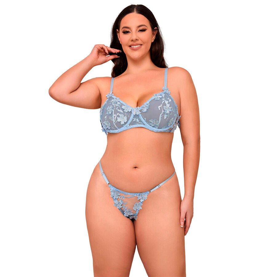 SUBBLIME - 957629 CONJUNTO SUJETADOR Y PANTIES CON BORDADOS DE FLORES CELESTE S/M - Lover Dreams