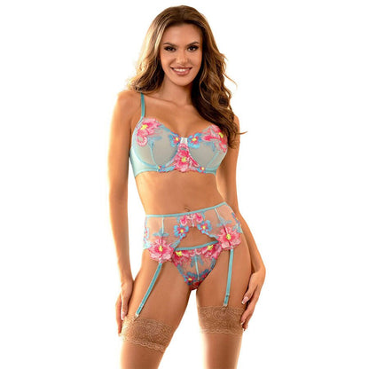 SUBBLIME - 957643 CONJUNTO SUJETADOR Y LIGUERO CON BORDADOS DE FLORES ROSAS S/M - Lover Dreams