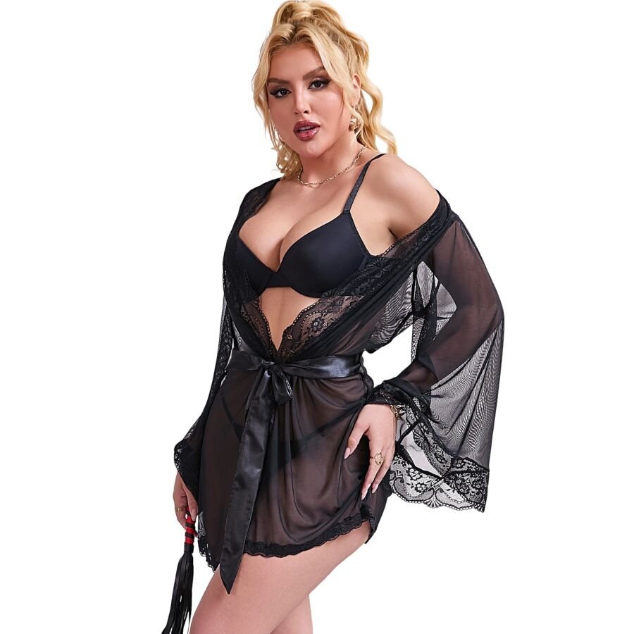 SUBBLIME - BATA TELA TRANSPARENTE DETALLE ENCAJE NEGRO S/M - Lover Dreams